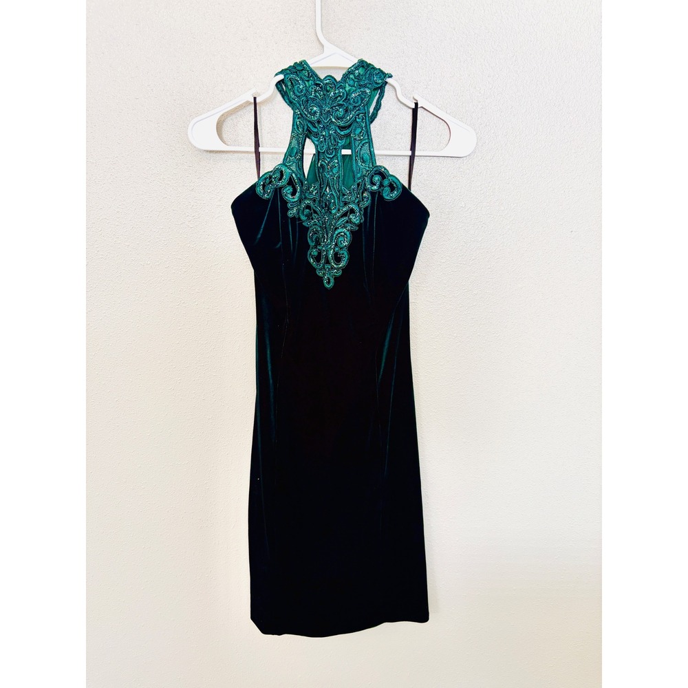 Vintage whimsical fairy whimsigoth Emerald Green Velvet Beaded Halter Dress